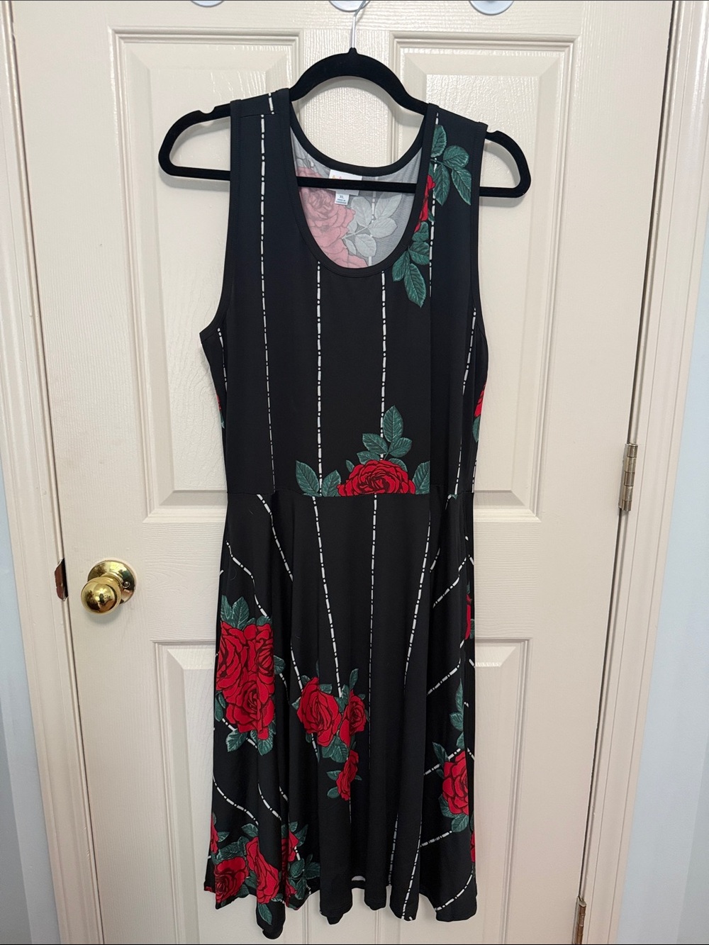 LuLaRoe Black Midi Dress with Red Rose and Green Leaves